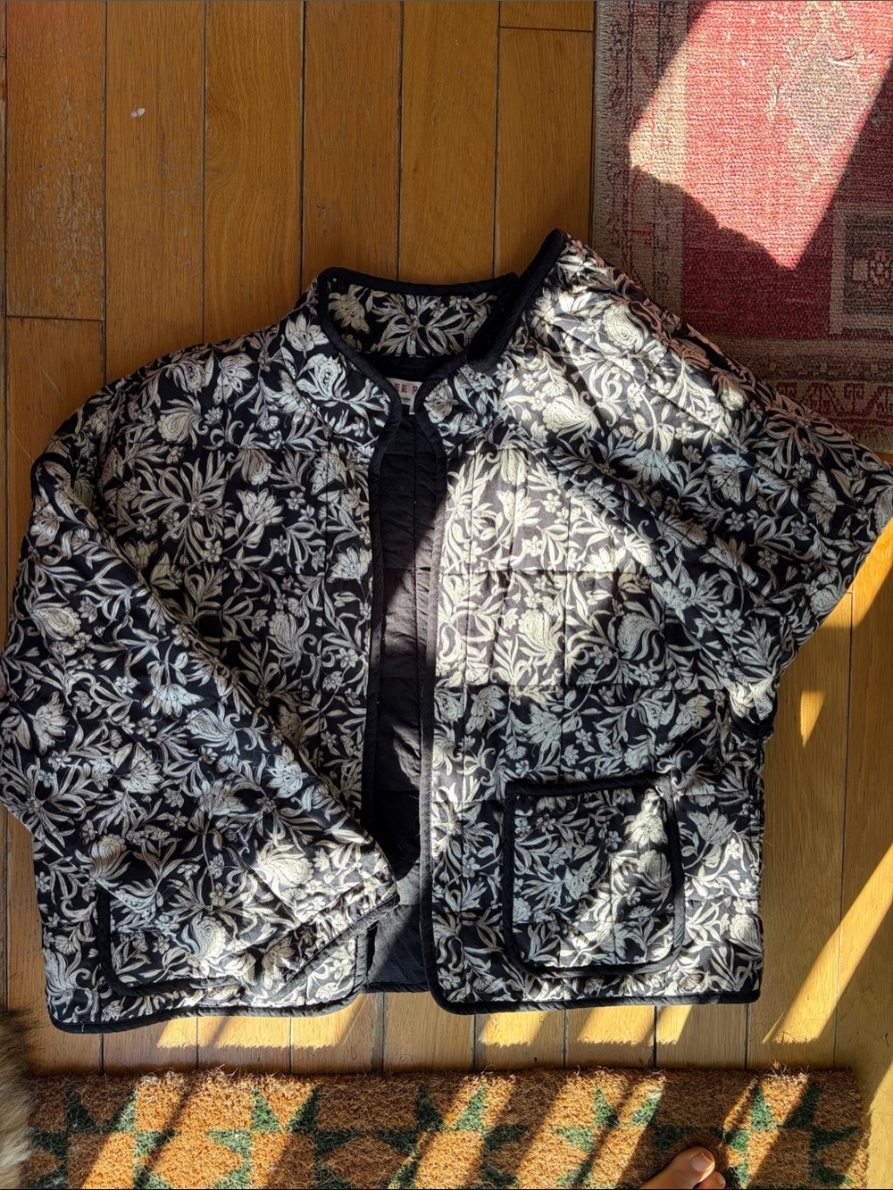 Free People Black and White Quilted Floral Bomber Jacket